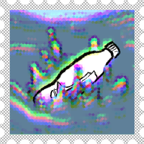 A bottle with a message inside hits the surface of the ocean, water is splashing around it, the image is pixelated