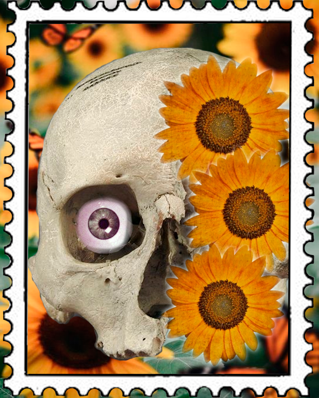 Un campo de girasoles lleno de color amarillo brillante con mariposas monarcas rondando las flores y una calavera tenebrosa.